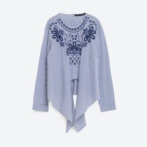 Zara Blue and White Striped Embroidered Tie Top Eyelet